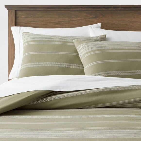 Threshold - King Cotton Woven Stripe Duvet Cover & Sham Set Mo Green/White - Picture 1 of 4